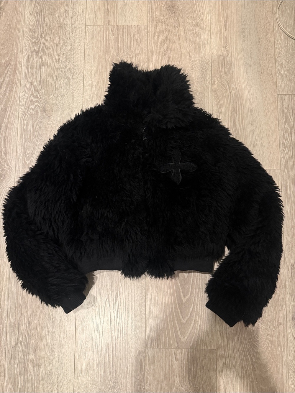 SMFK Goth Wonderland Wool BOMBER FAUX FUR ZIP UP Fluffy Black Jacket Small